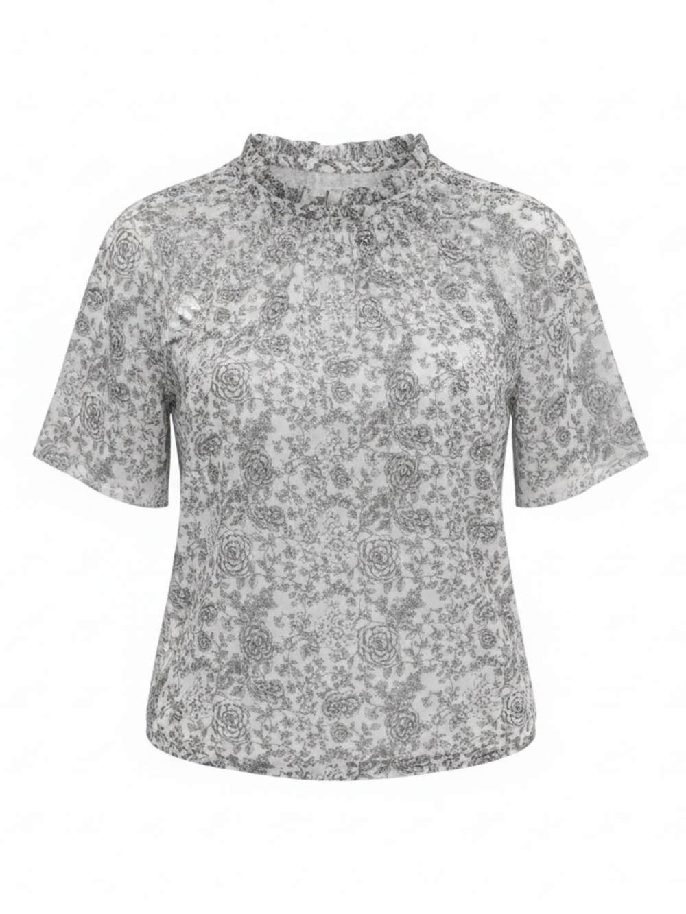 LOFT Gray Floral Mock Neck Short-Sleeve Blouse